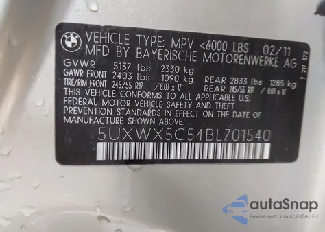 2011 BMW X3 xDrive28I from USA, damaged, VIN 5UXWX5C54BL701540